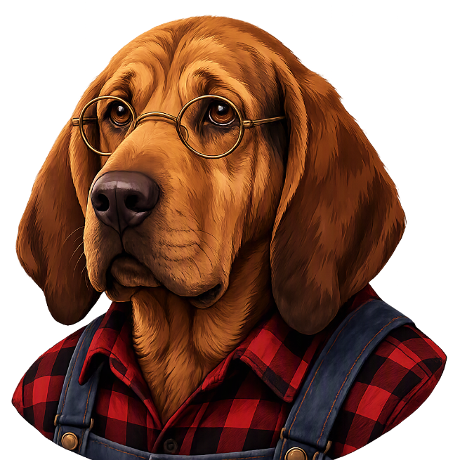 Hunter, the Tecknowlogist bloodhound mascot, wearing circular gold glasses, a red flannel shirt, and denim overalls.